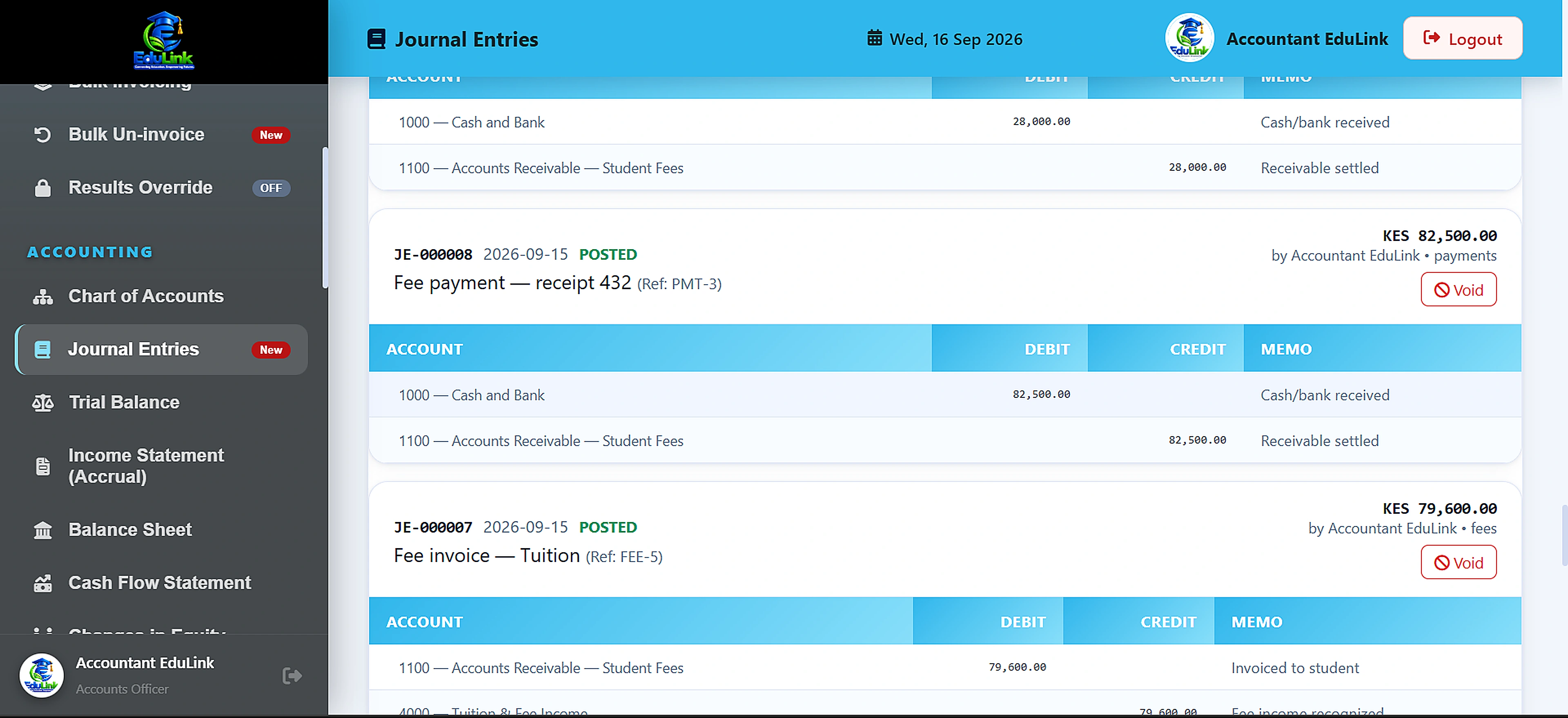 EduLink Kenya accounts portal journal entries showing posted double-entry transactions with debit, credit and memo lines for fee invoices and fee payments