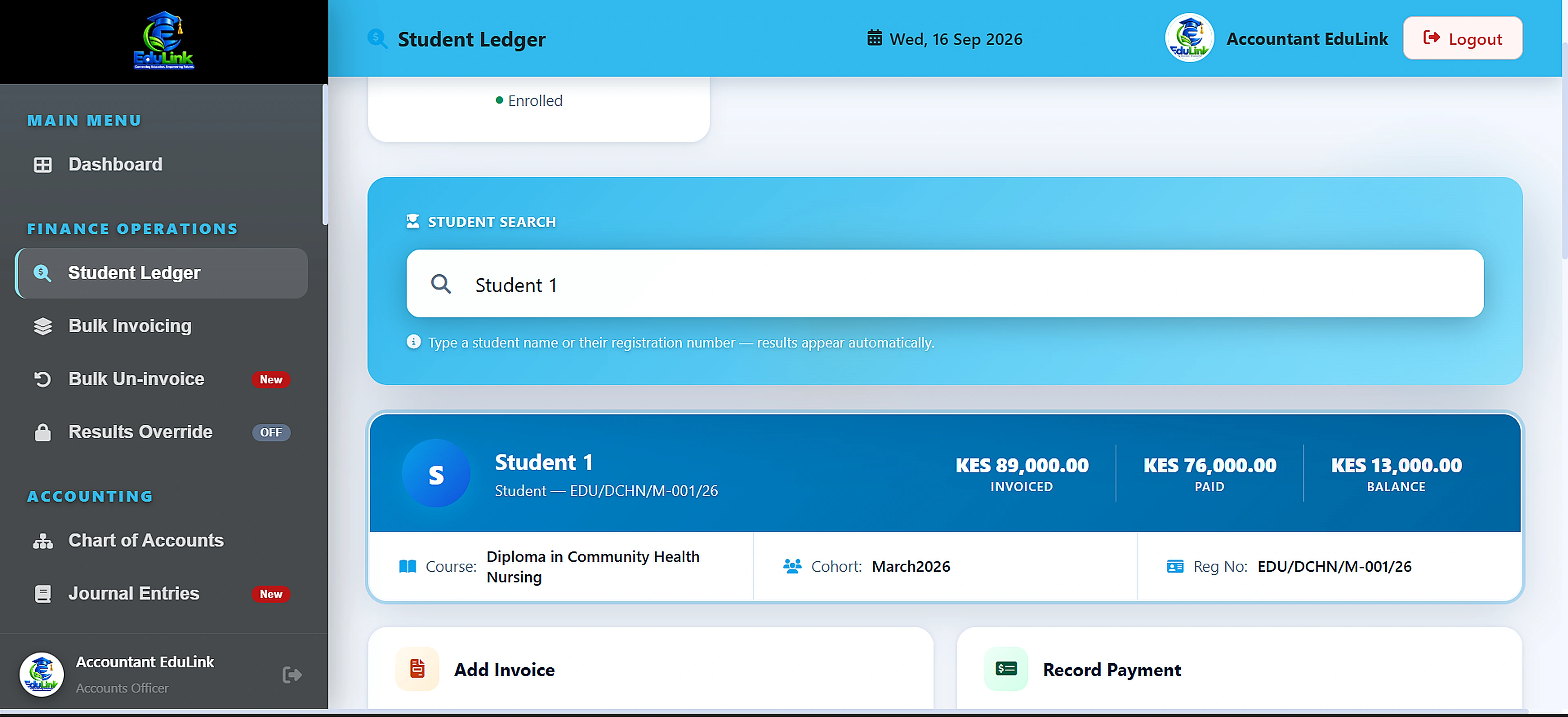 EduLink Kenya accounts portal student ledger showing total invoiced, total paid and balance for a student, with add invoice and record payment panels