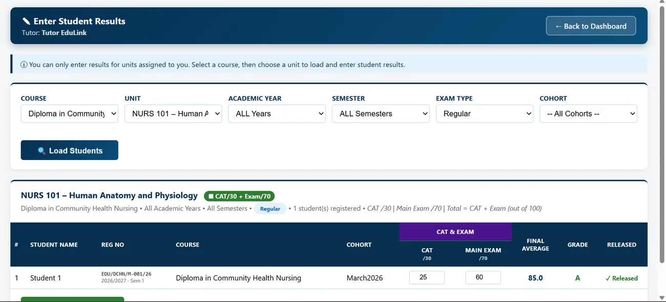 Marks entry screen for a common unit with CAT and main exam columns and automatically computed final average and grade