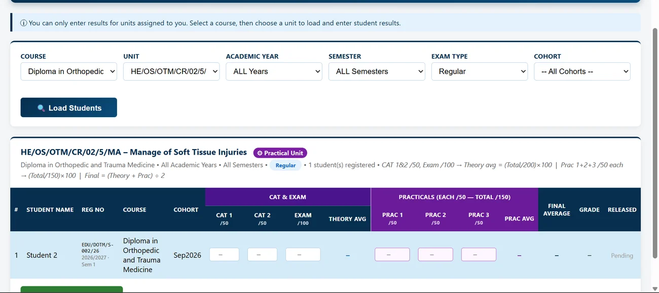 Marks entry screen for a core practical unit with two CATs, a main exam, theory average and three practicals