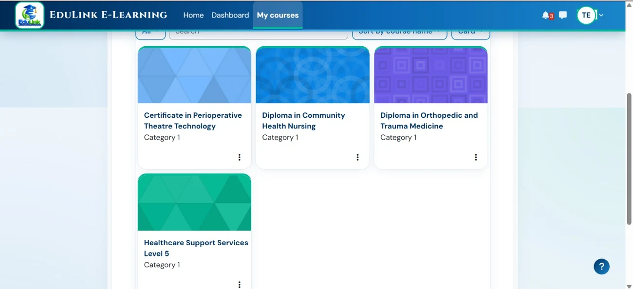 EduLink E-Learning My courses page showing a tutor's assigned courses as cards