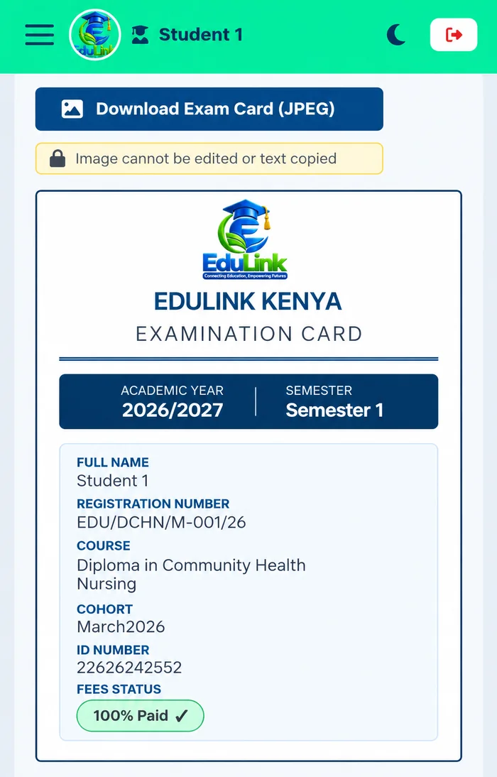 Downloadable examination card showing academic year, semester, registration number, course, cohort and 100% fees paid status