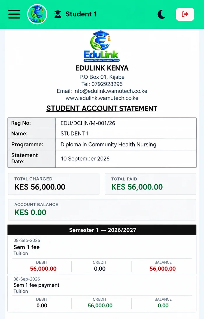 Student fee statement on mobile showing total charged, total paid and account balance of zero after full payment