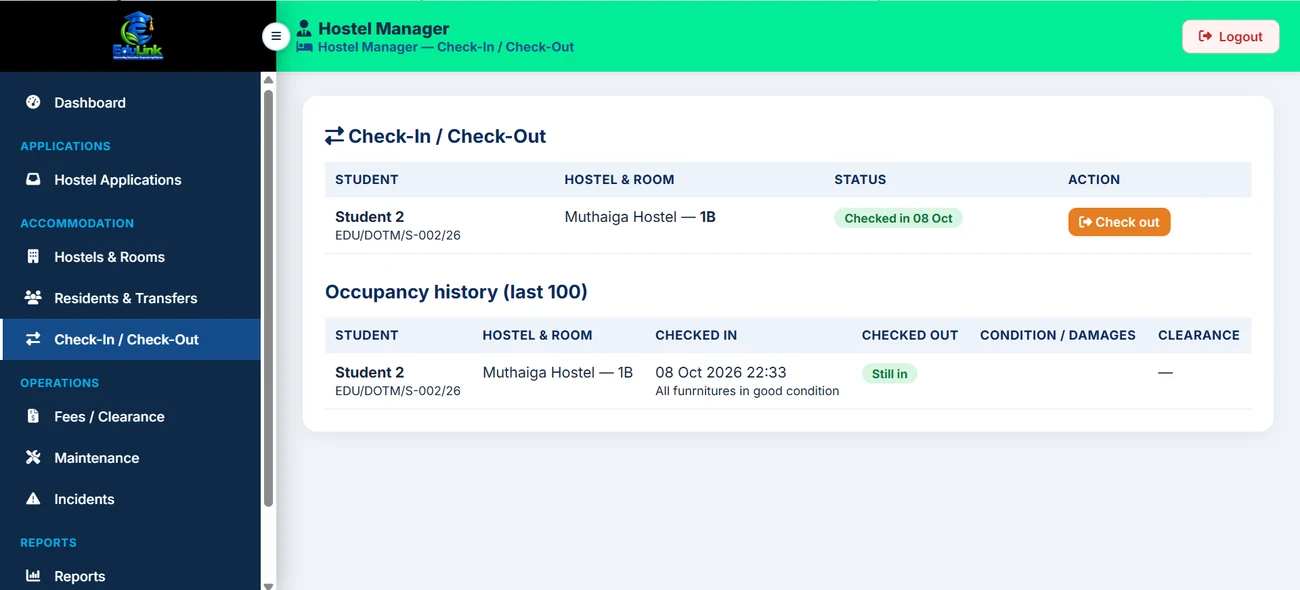 EduLink Kenya Hostel Manager check-in and check-out screen showing allocated student, hostel and room, status and occupancy history