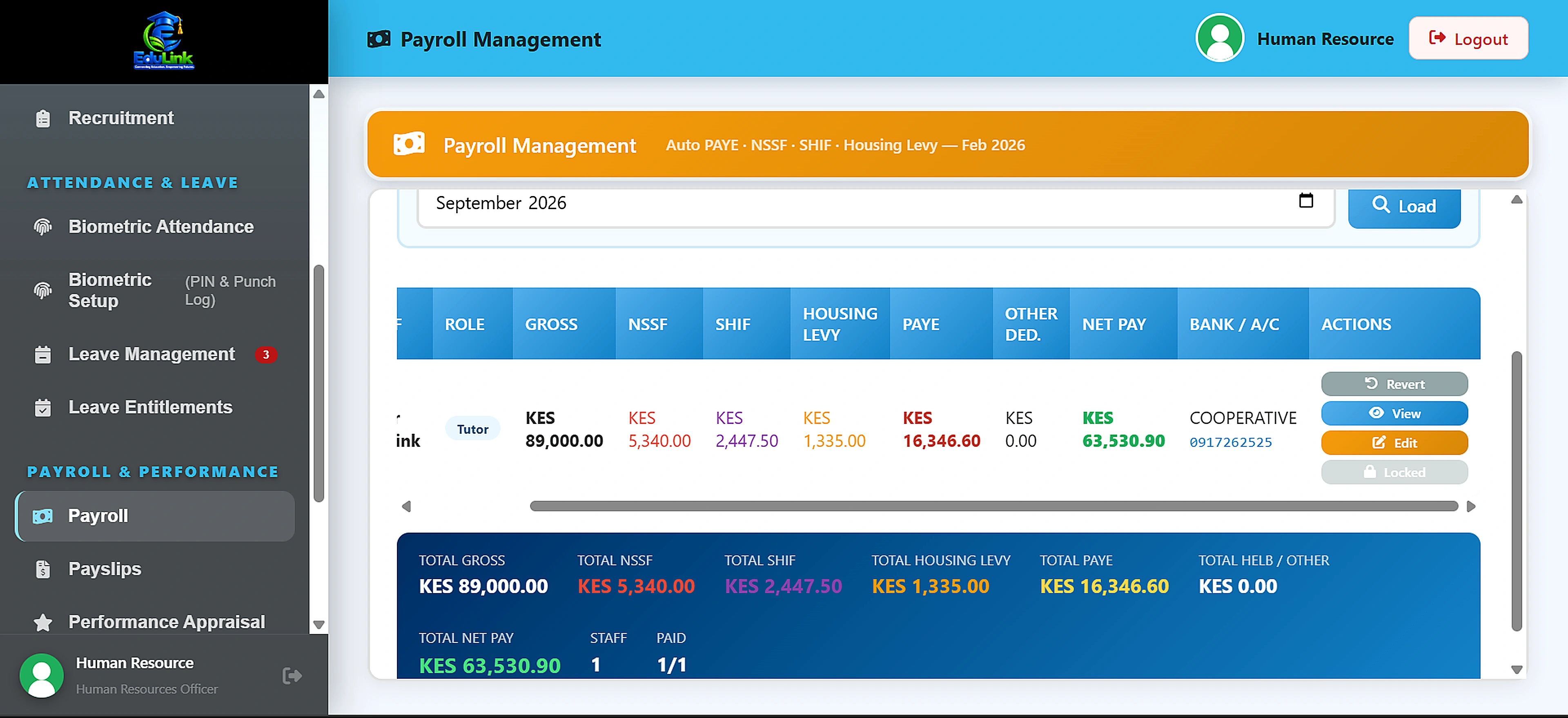 EduLink Kenya HR portal payroll management screen showing gross pay, NSSF, SHIF, housing levy, PAYE and net pay per staff member with run totals