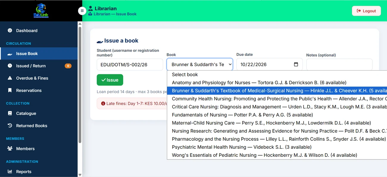 EduLink Kenya Librarian issue book screen with student registration number, book selection, due date and late fine notice