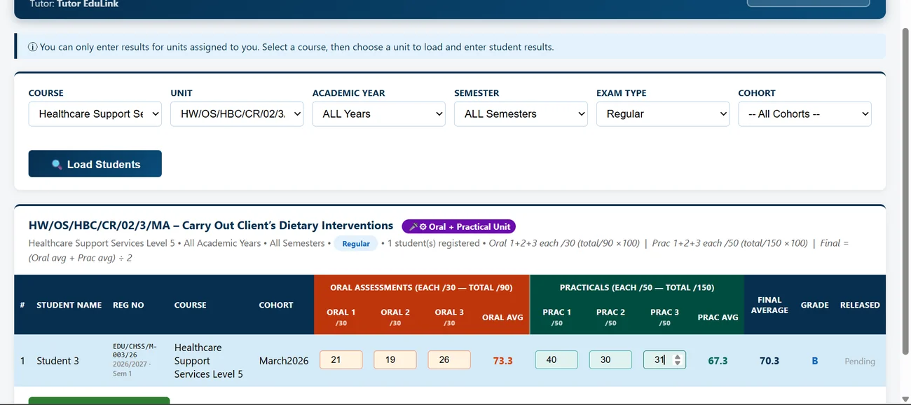 Marks entry screen for an oral and practical unit with three oral assessments and three practicals averaged into a final score
