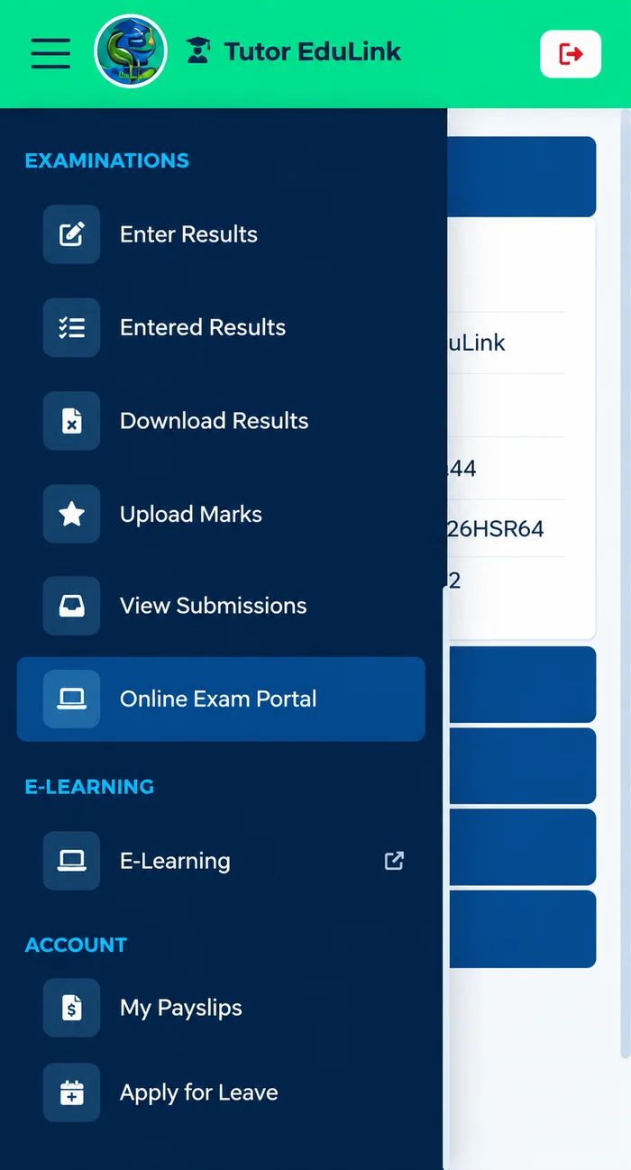 Staff Portal navigation menu showing Enter Results, Entered Results, Download Results, Upload Marks, Online Exam Portal, E-Learning, Payslips and Apply for Leave