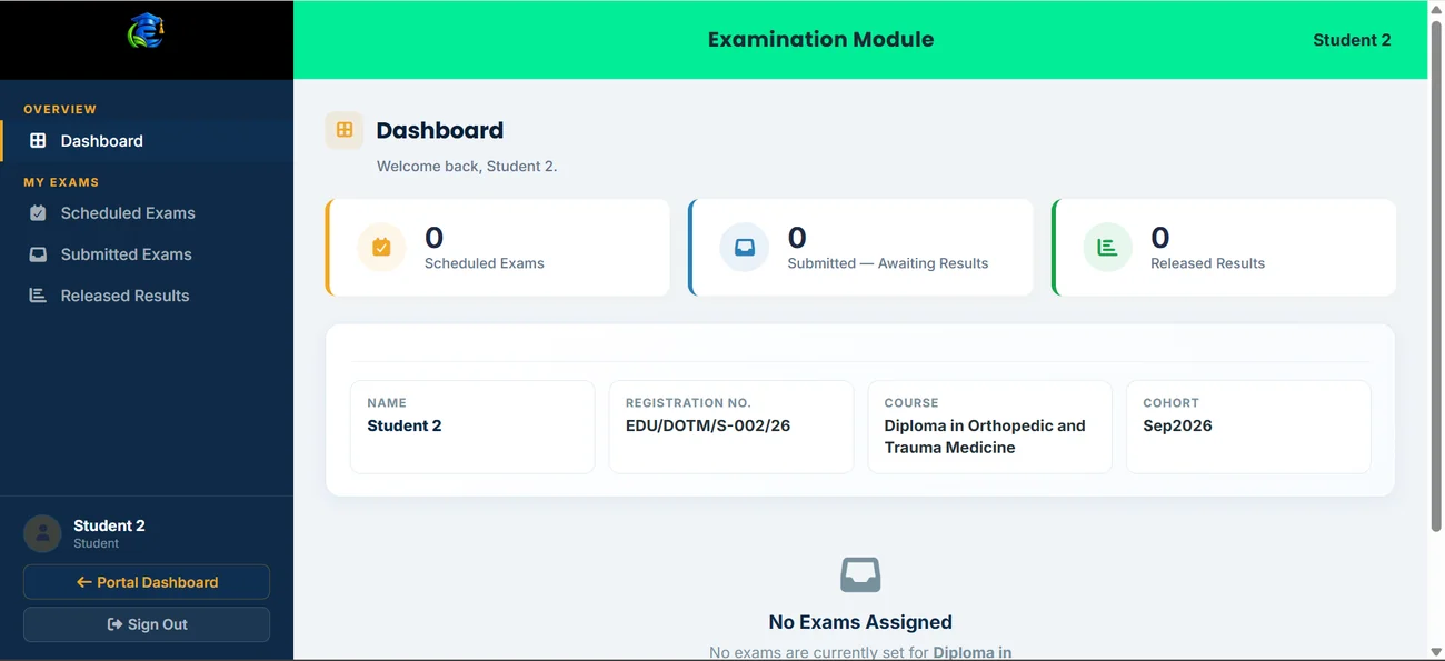 Student Examination Module dashboard showing scheduled exams, submitted exams awaiting results and released results counters