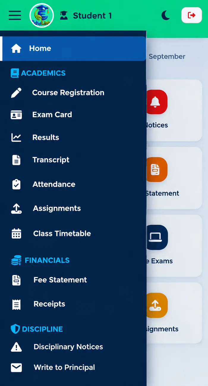 Student Portal navigation menu showing Course Registration, Exam Card, Results, Transcript, Attendance, Assignments, Fee Statement and more