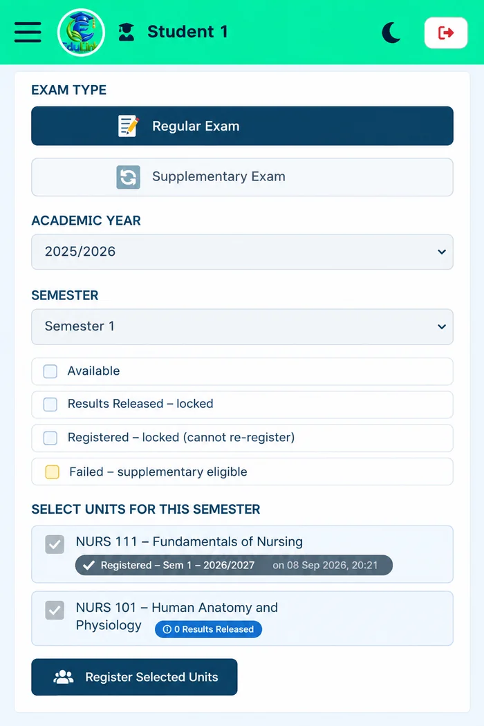 Student unit registration screen for selecting units for the semester with registered and results-released status badges